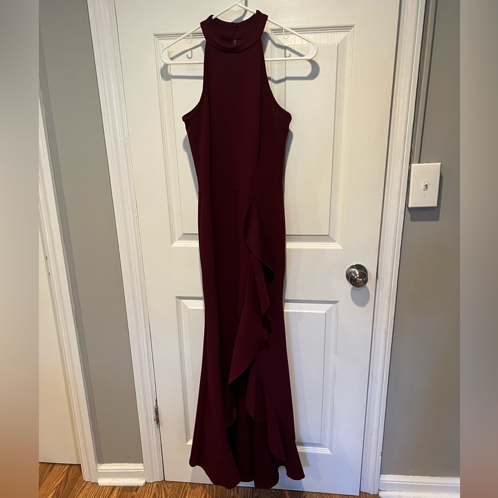 Women's High Neck Split Bodycon Mermaid Evening Cocktail Long Dress- Burgundy